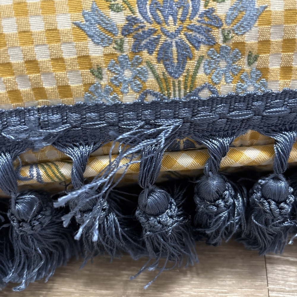 Vtg Pair Floral Blue & Yellow Gingham Throw Pillows Tassel Fringe Custom 17" Sq - Picture 6 of 7